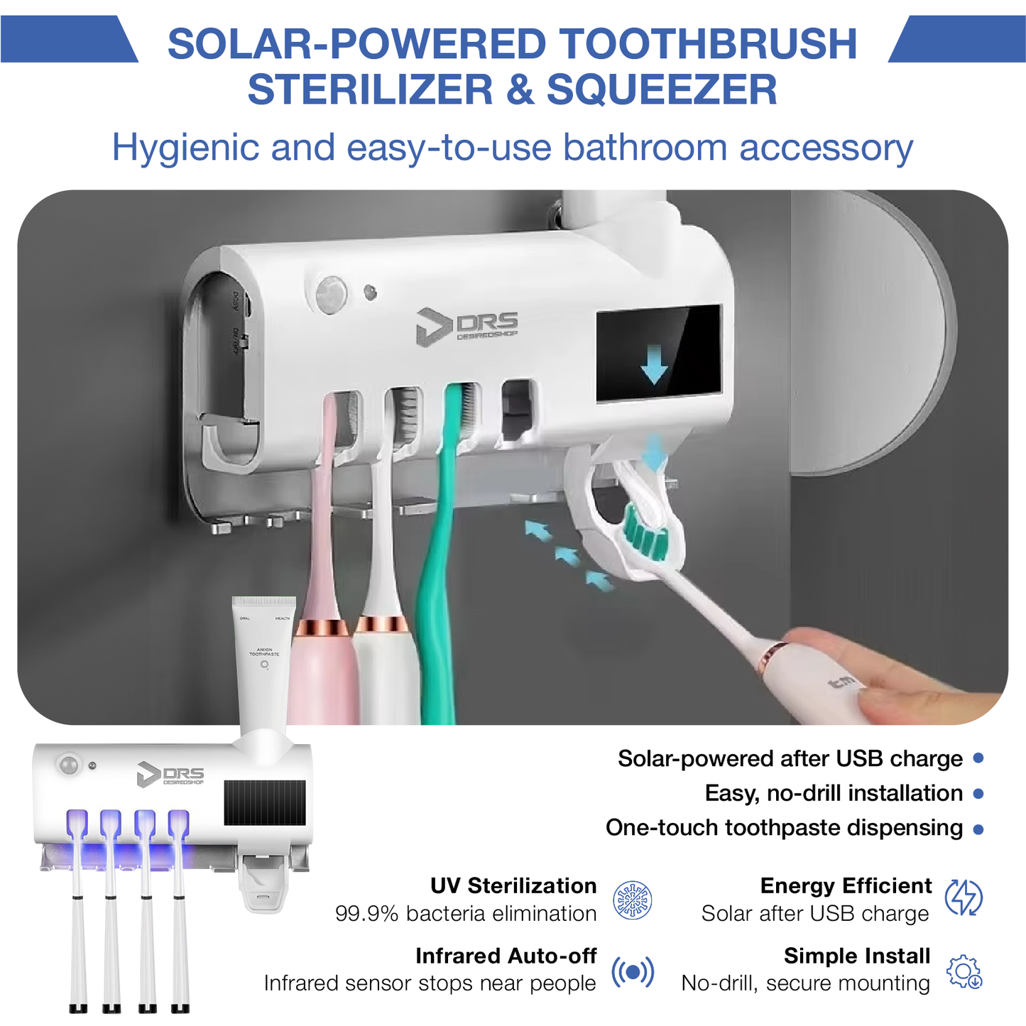 Desired Shop™ Smart Solar Toothbrush Holder & Squeezer 3 in 1